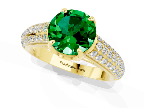 Yellow gold Round Cut Emerald Solitaire Ring with Three-Row Pavé Band and Four-Prong Setting