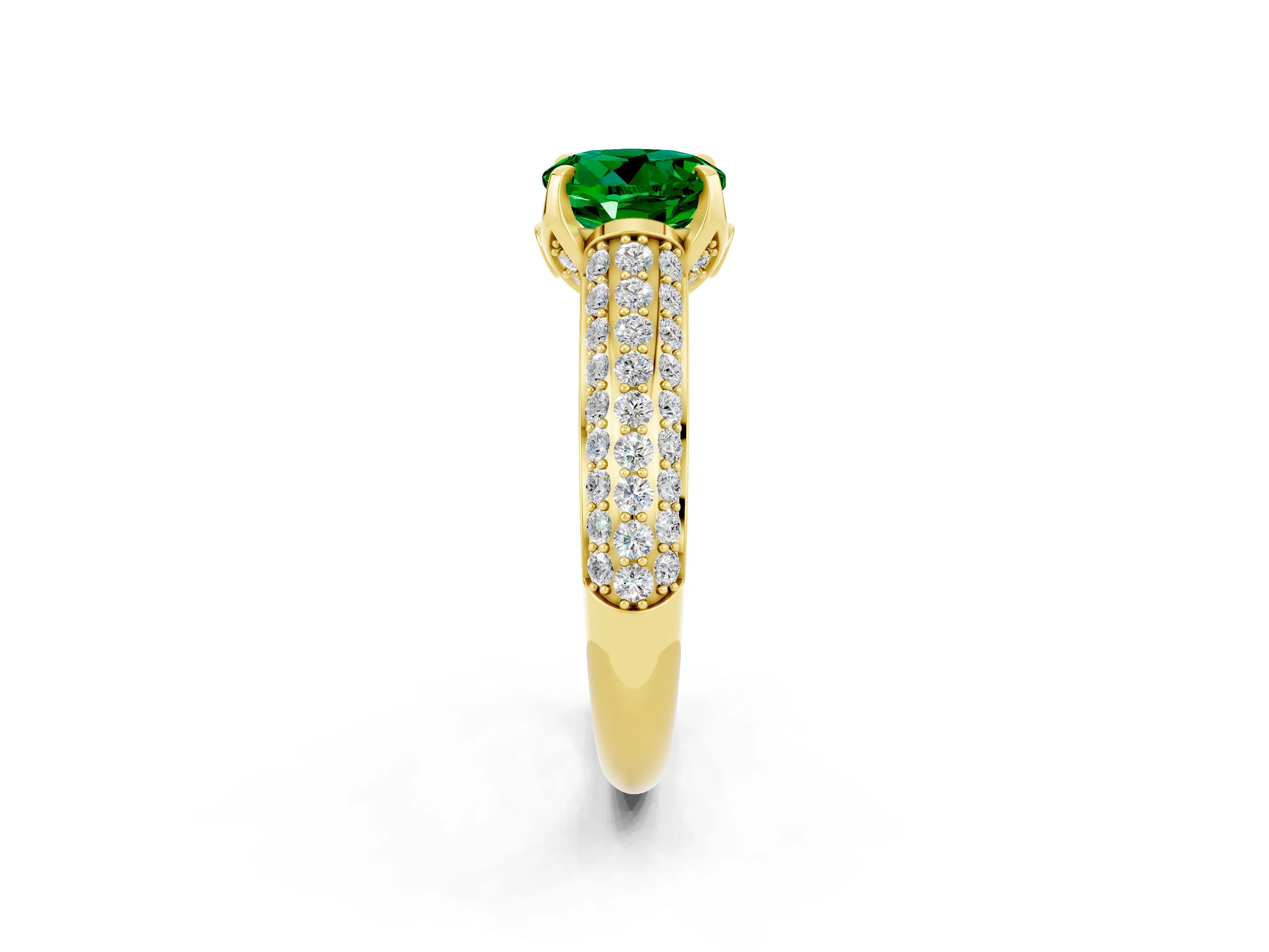 Yellow gold Round Cut Emerald Solitaire Ring with Three-Row Pavé Band and Four-Prong Setting_14