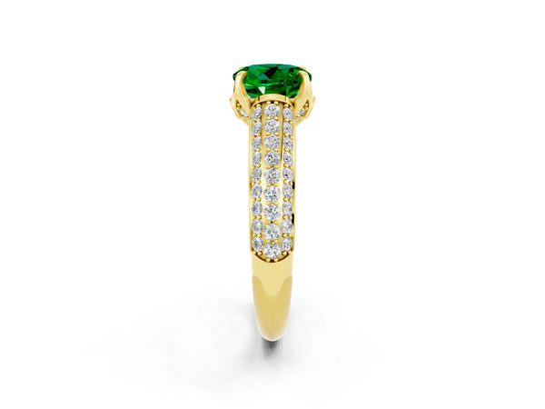 Yellow gold Round Cut Emerald Solitaire Ring with Three-Row Pavé Band and Four-Prong Setting