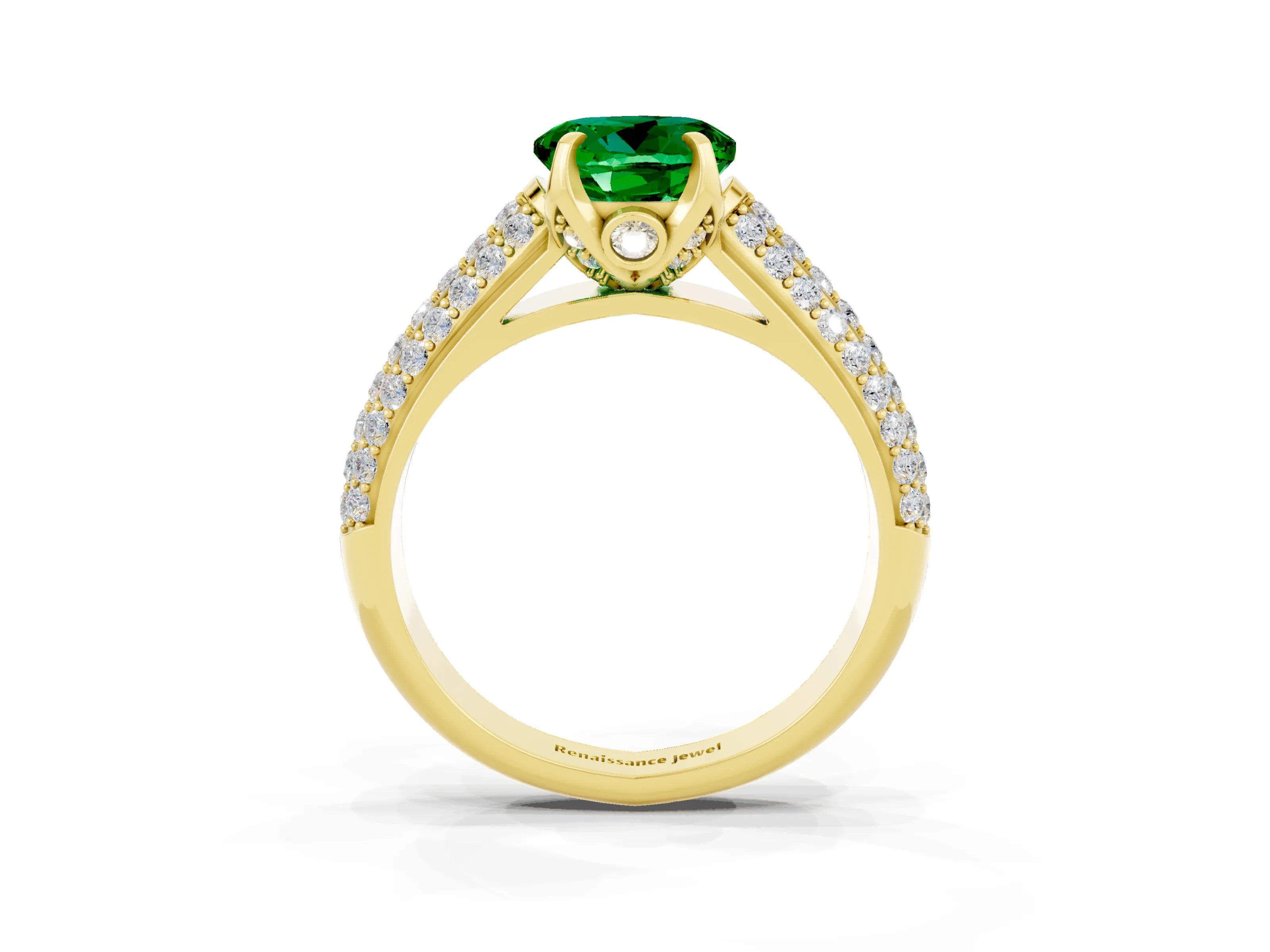 Yellow gold Round Cut Emerald Solitaire Ring with Three-Row Pavé Band and Four-Prong Setting_15