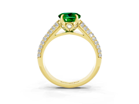 Yellow gold Round Cut Emerald Solitaire Ring with Three-Row Pavé Band and Four-Prong Setting_15
