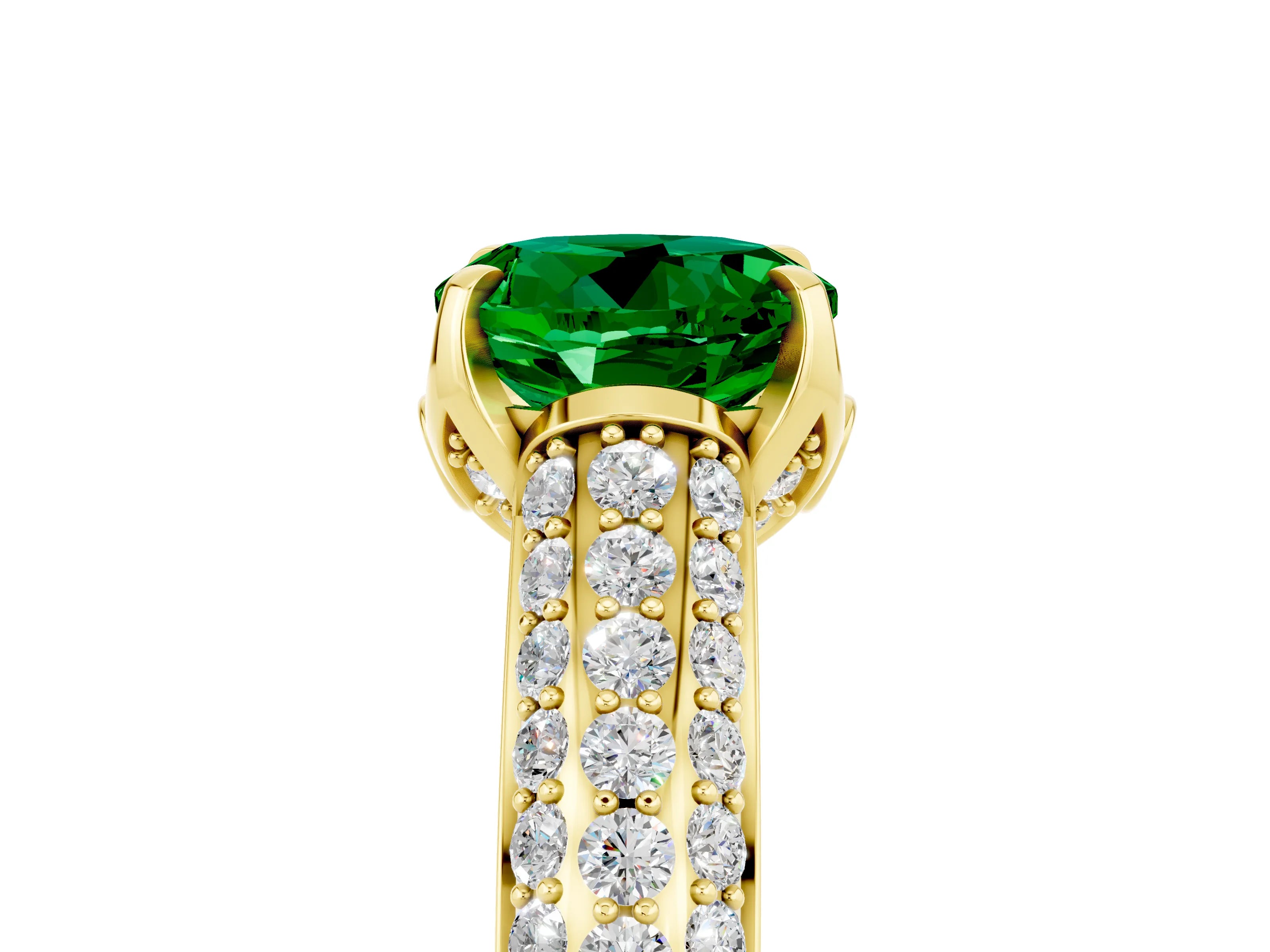 Yellow gold Round Cut Emerald Solitaire Ring with Three-Row Pavé Band and Four-Prong Setting_17