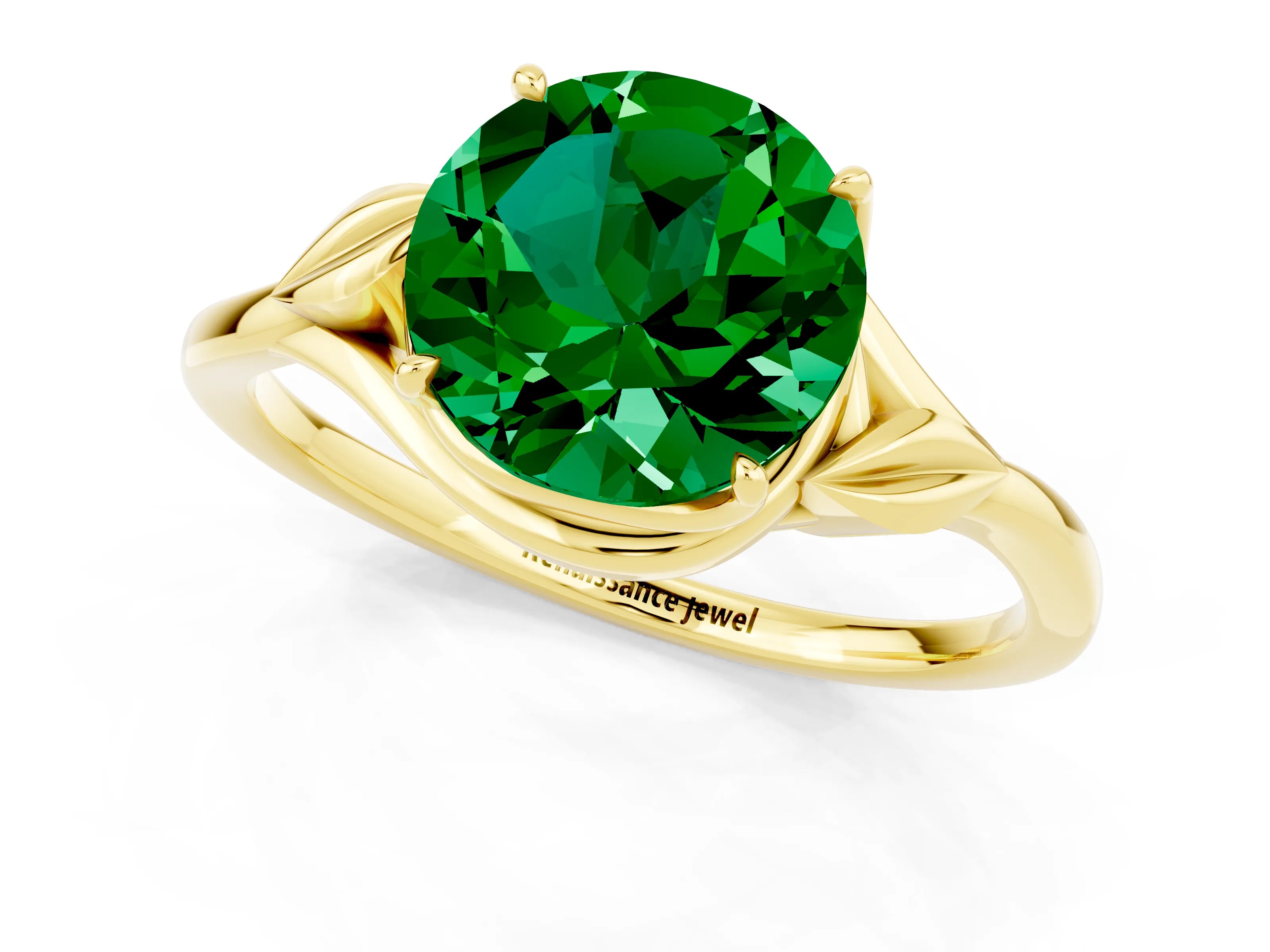 Yellow gold Round Cut Emerald Solitaire Ring with Twist Band and Four-Prong Setting_25