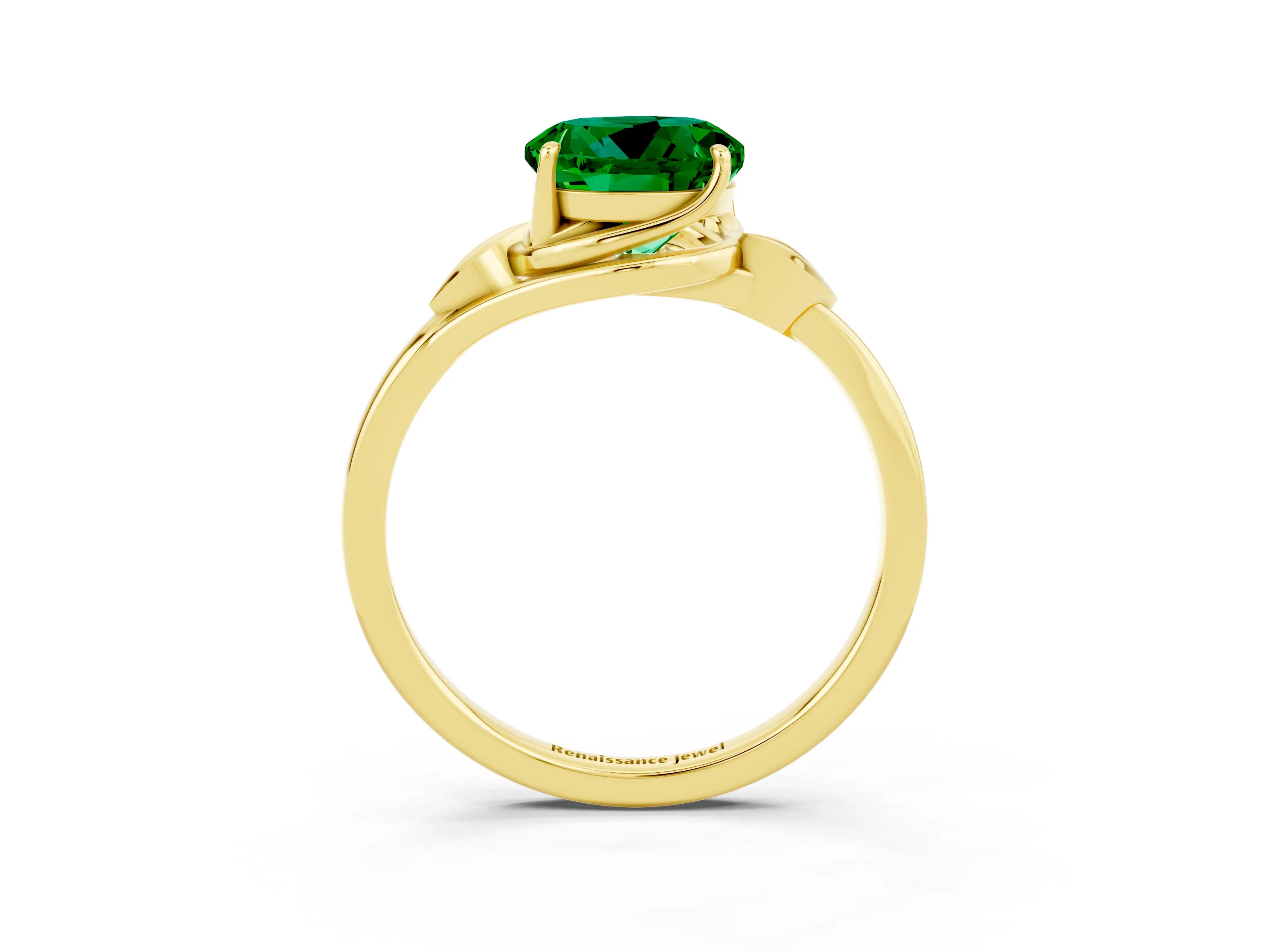 Yellow gold Round Cut Emerald Solitaire Ring with Twist Band and Four-Prong Setting_27