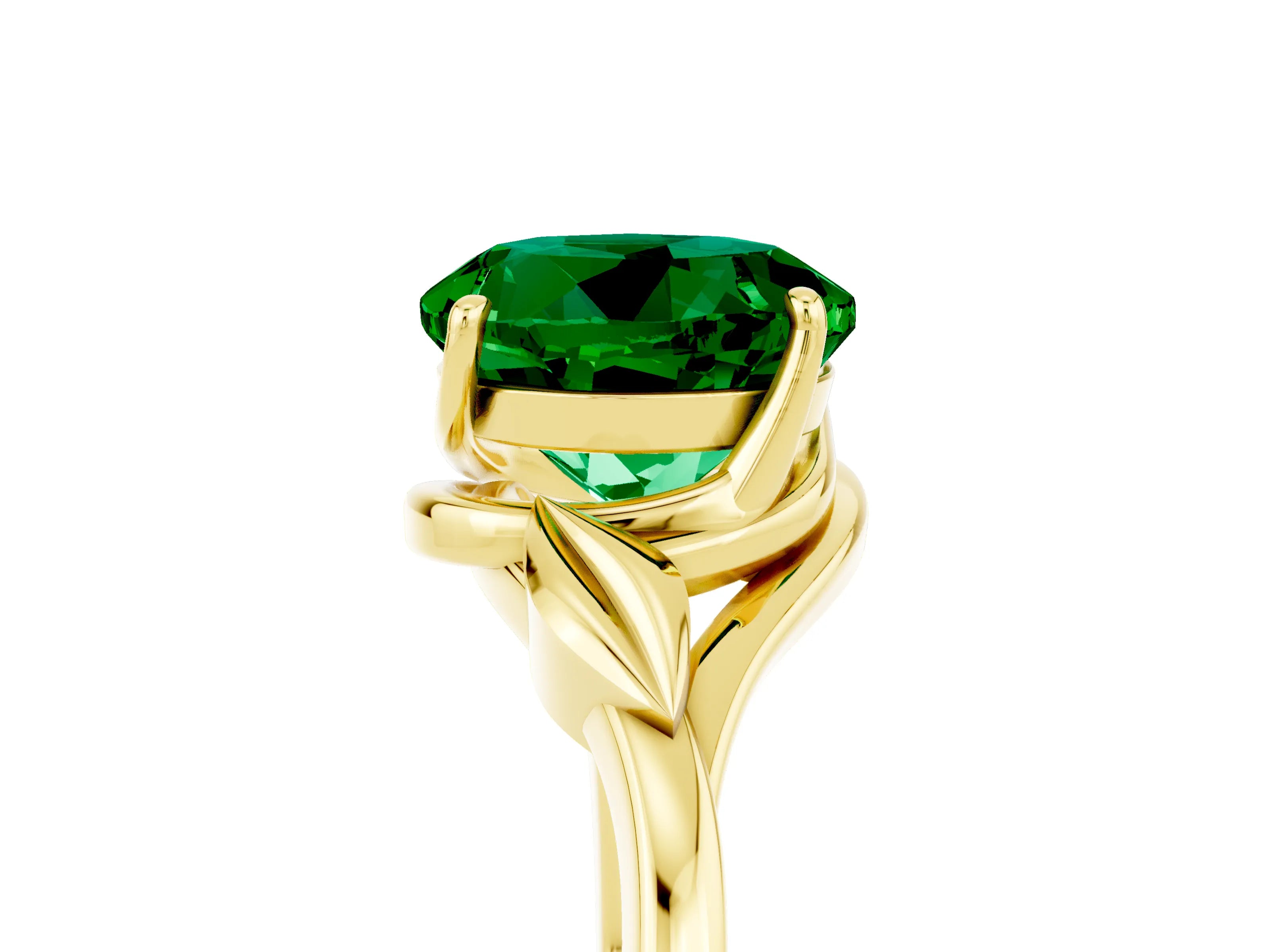 Yellow gold Round Cut Emerald Solitaire Ring with Twist Band and Four-Prong Setting_29