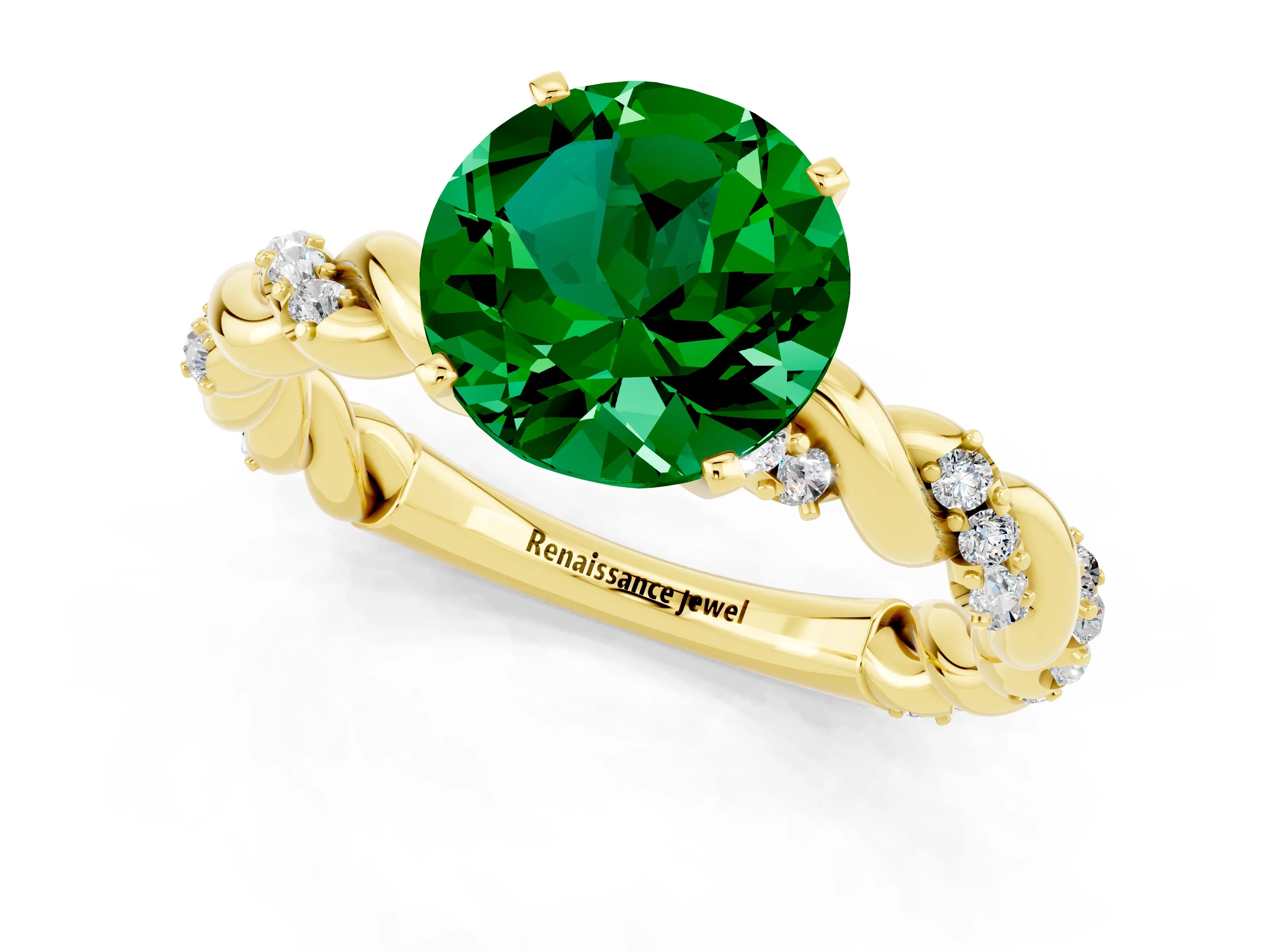 Yellow gold Round Cut Emerald Solitaire Ring with Twisted Band and Pavé Accents_1