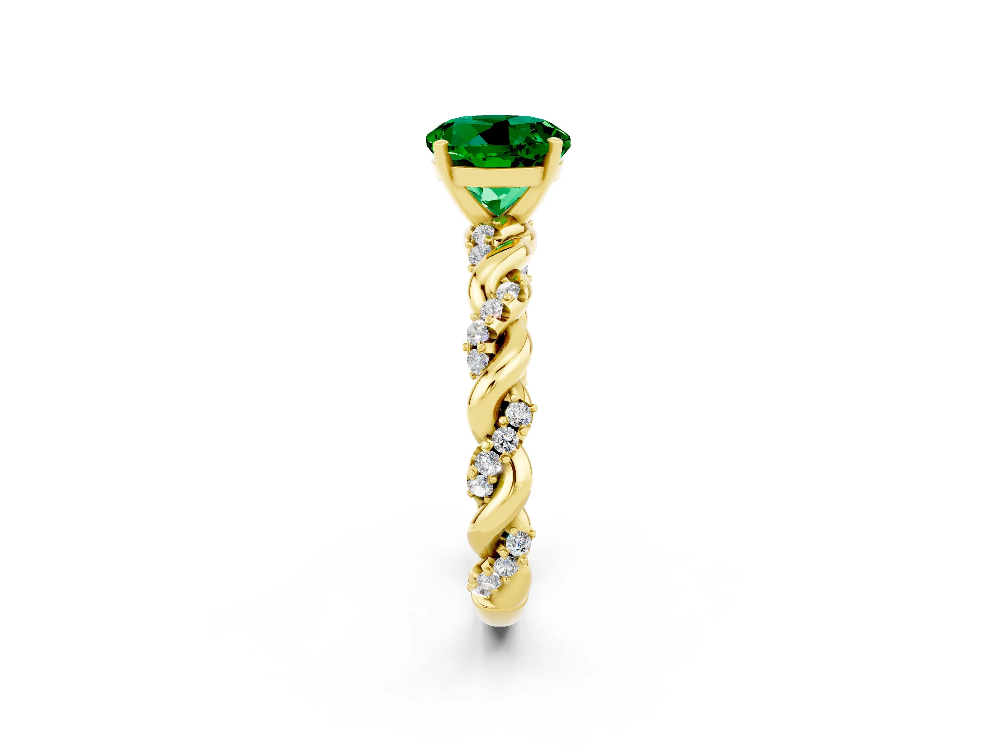 Yellow gold Round Cut Emerald Solitaire Ring with Twisted Band and Pavé Accents_2