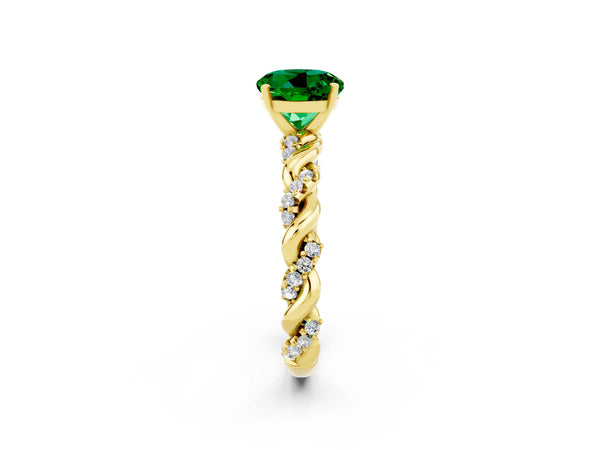 Yellow gold Round Cut Emerald Solitaire Ring with Twisted Band and Pavé Accents