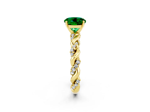 Yellow gold Round Cut Emerald Solitaire Ring with Twisted Band and Pavé Accents_2