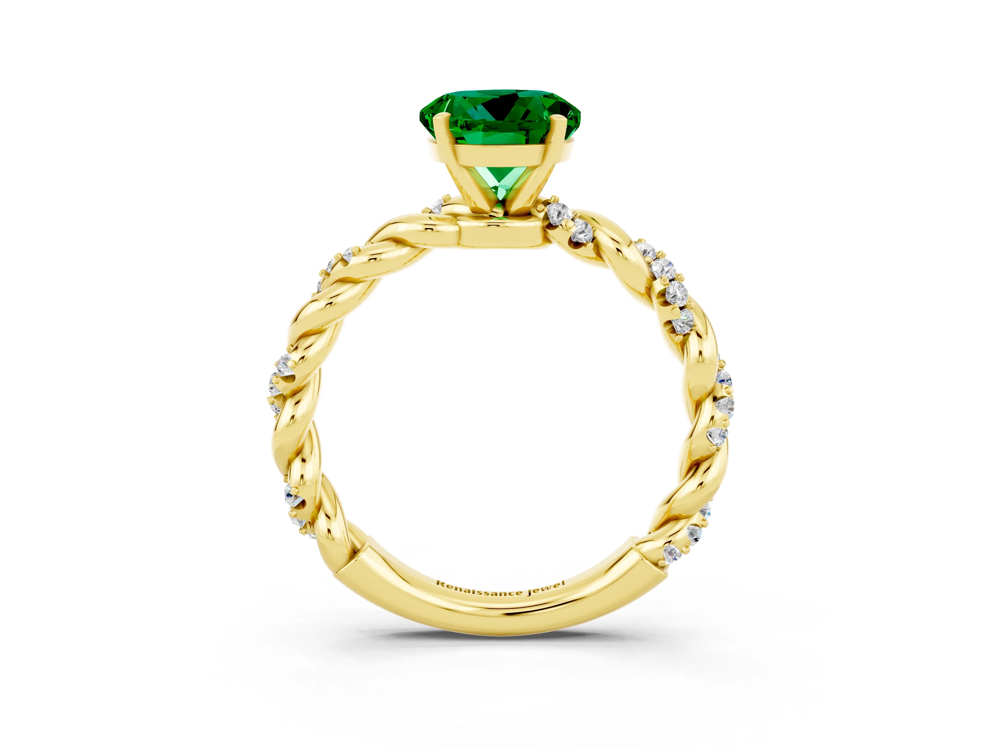 Yellow gold Round Cut Emerald Solitaire Ring with Twisted Band and Pavé Accents_3