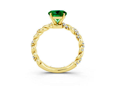 Yellow gold Round Cut Emerald Solitaire Ring with Twisted Band and Pavé Accents_3
