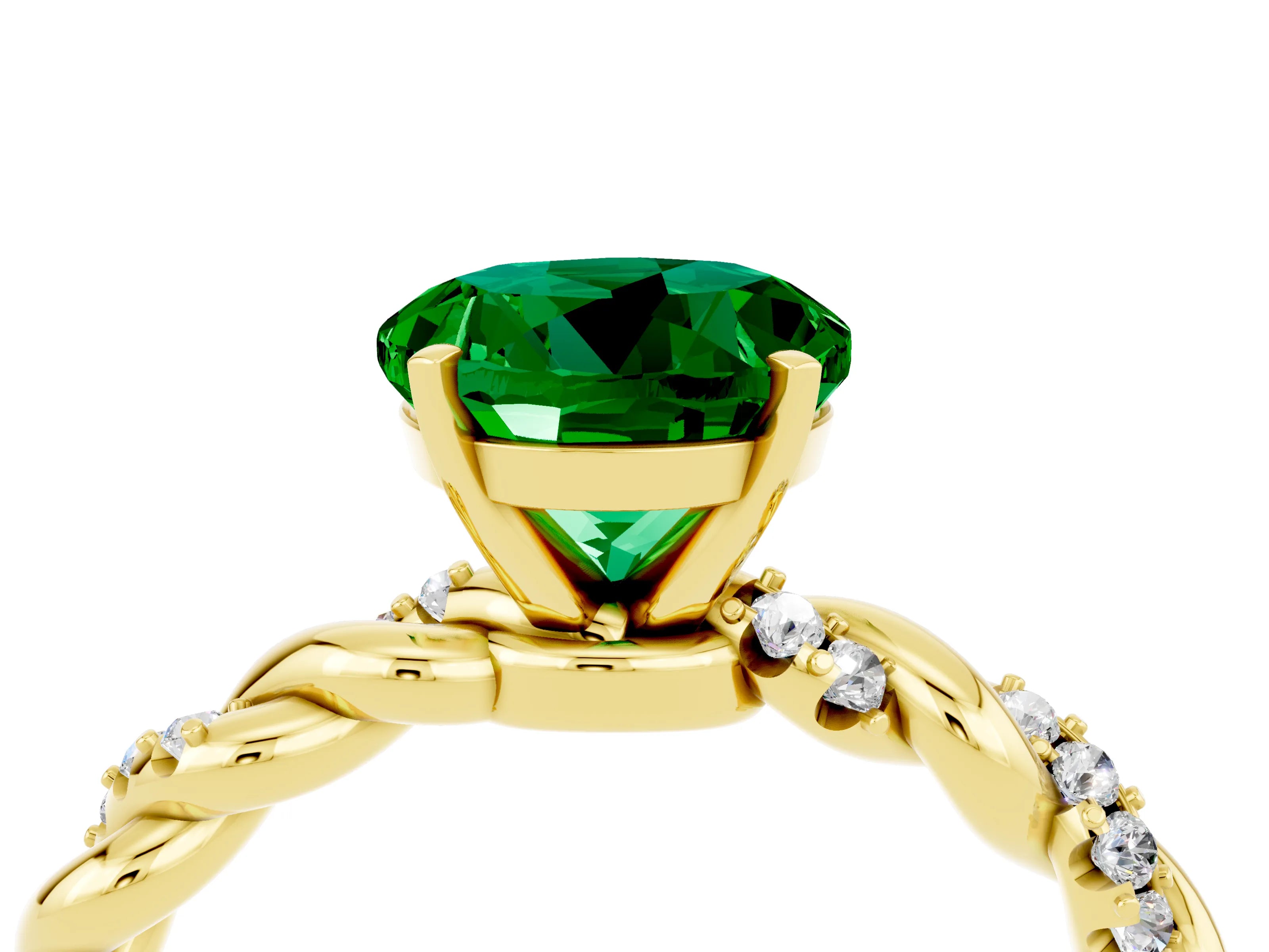 Yellow gold Round Cut Emerald Solitaire Ring with Twisted Band and Pavé Accents_4