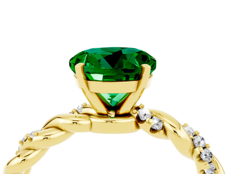 Yellow gold Round Cut Emerald Solitaire Ring with Twisted Band and Pavé Accents_4