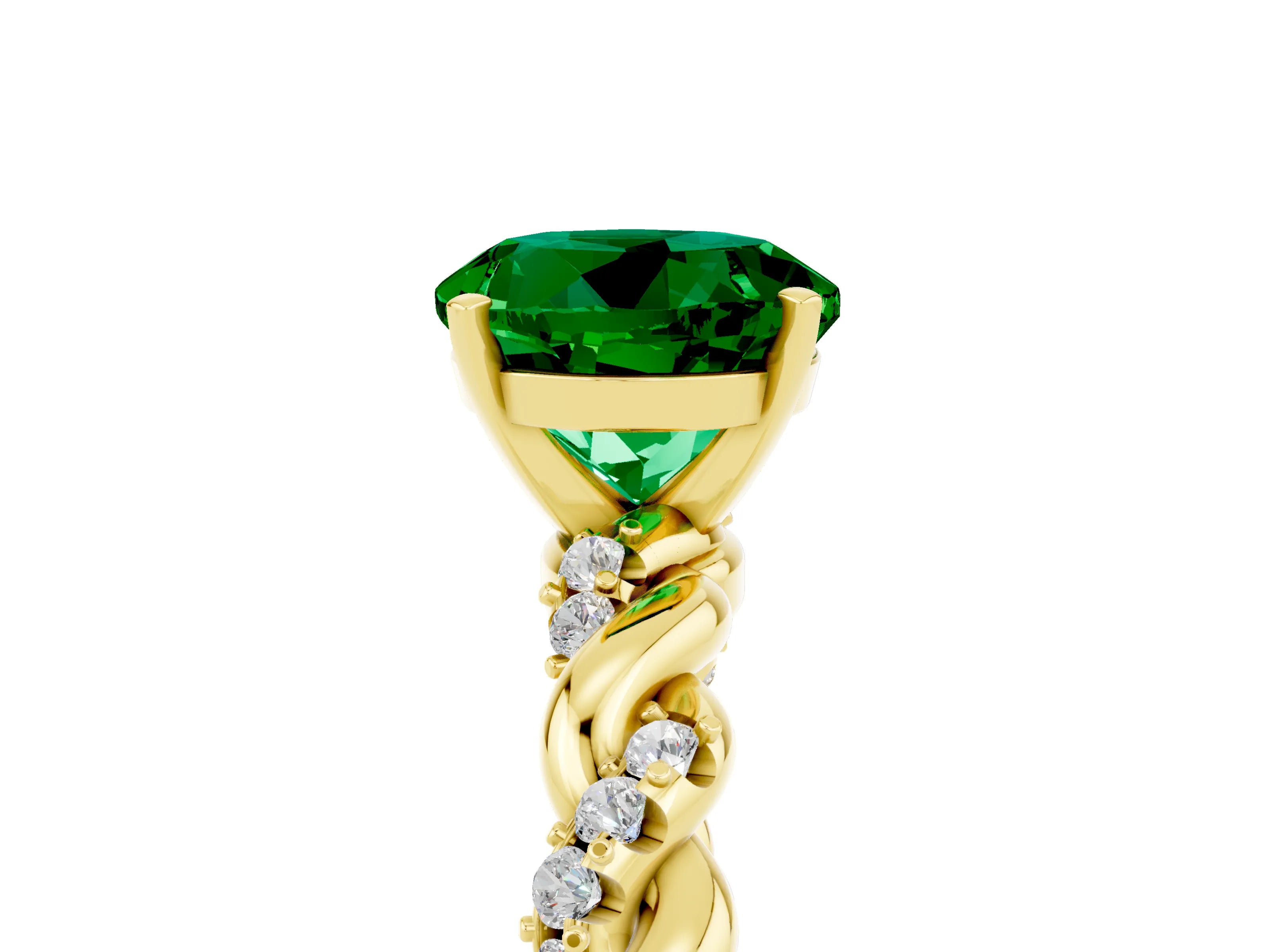 Yellow gold Round Cut Emerald Solitaire Ring with Twisted Band and Pavé Accents_5
