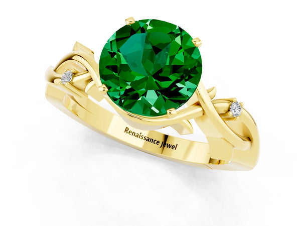 Yellow gold Round Cut Emerald Solitaire Ring with Twisted Band and Prong Setting