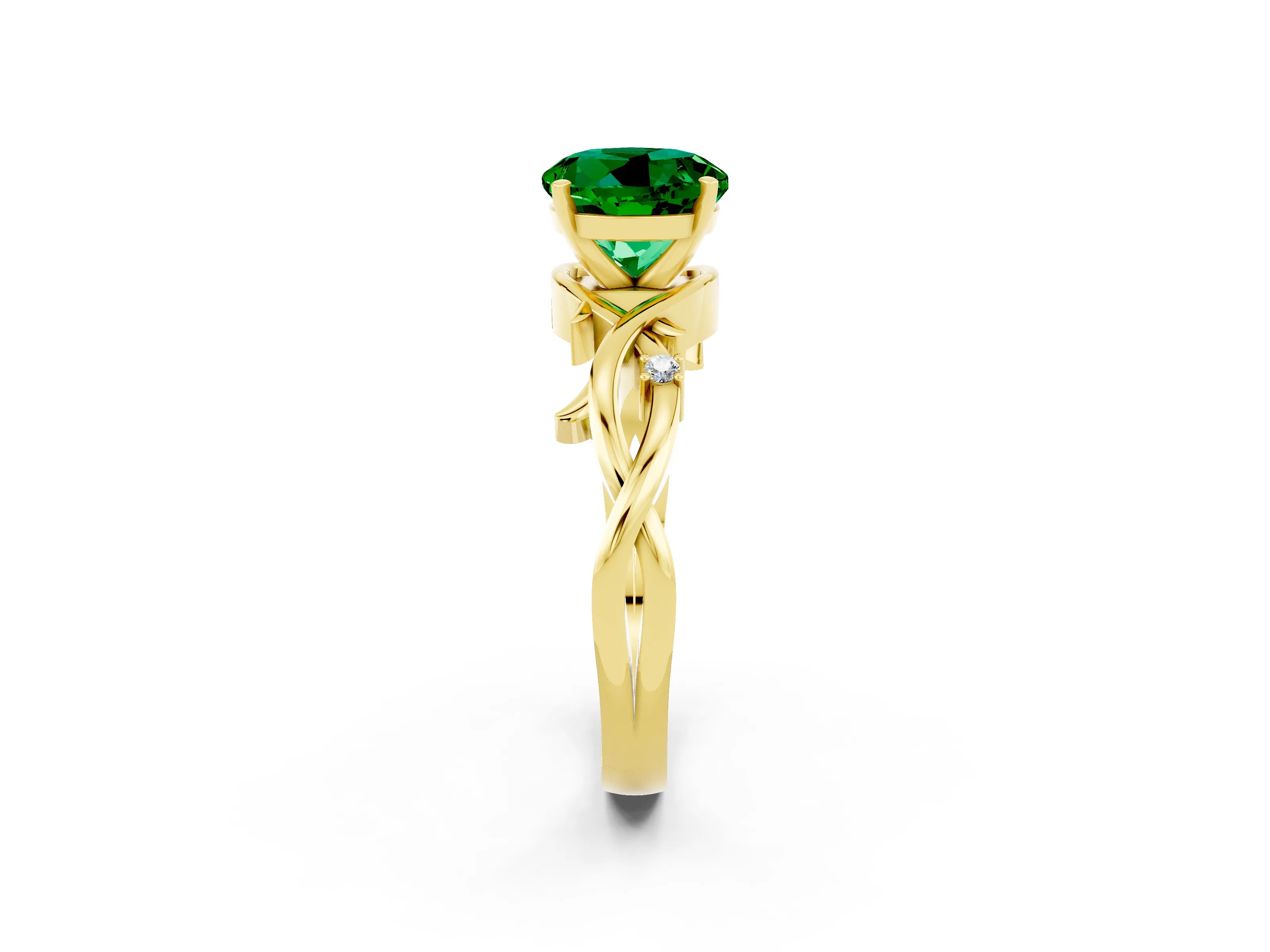 Yellow gold Round Cut Emerald Solitaire Ring with Twisted Band and Prong Setting_2