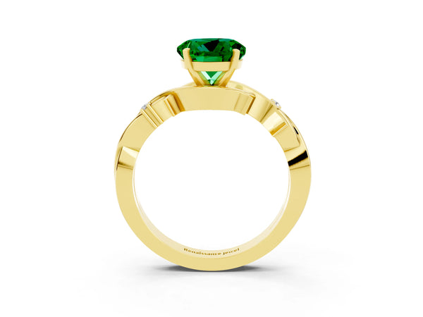 Yellow gold Round Cut Emerald Solitaire Ring with Twisted Band and Prong Setting