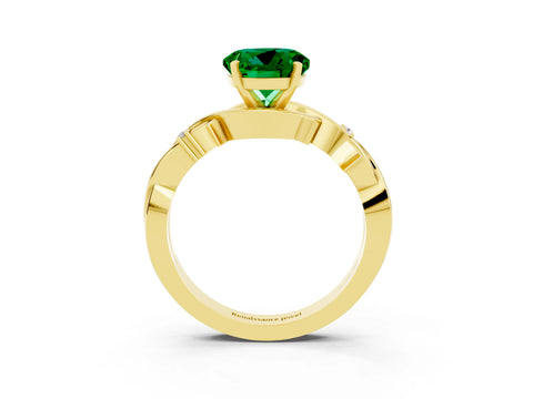 Yellow gold Round Cut Emerald Solitaire Ring with Twisted Band and Prong Setting_3