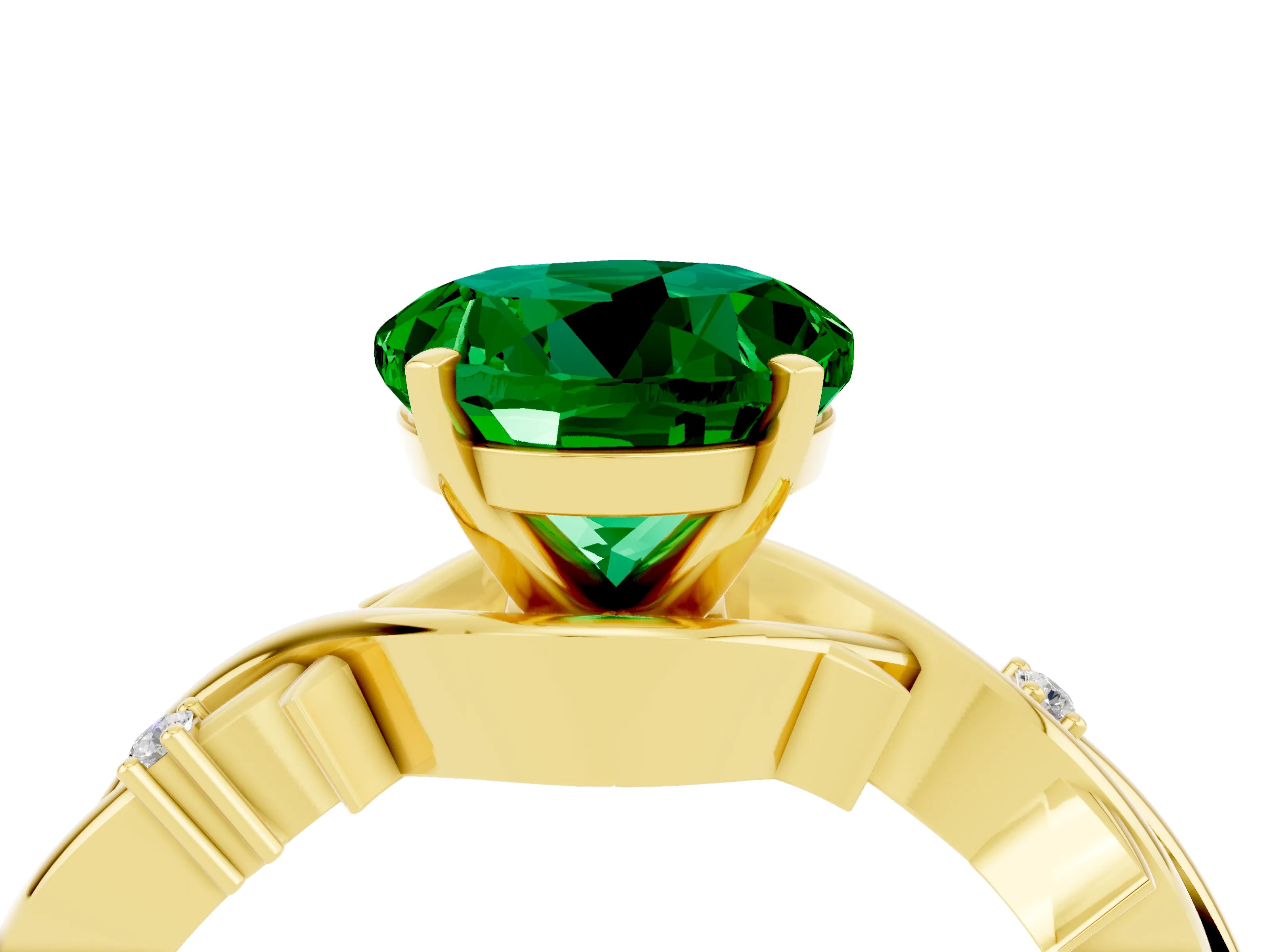Yellow gold Round Cut Emerald Solitaire Ring with Twisted Band and Prong Setting_4