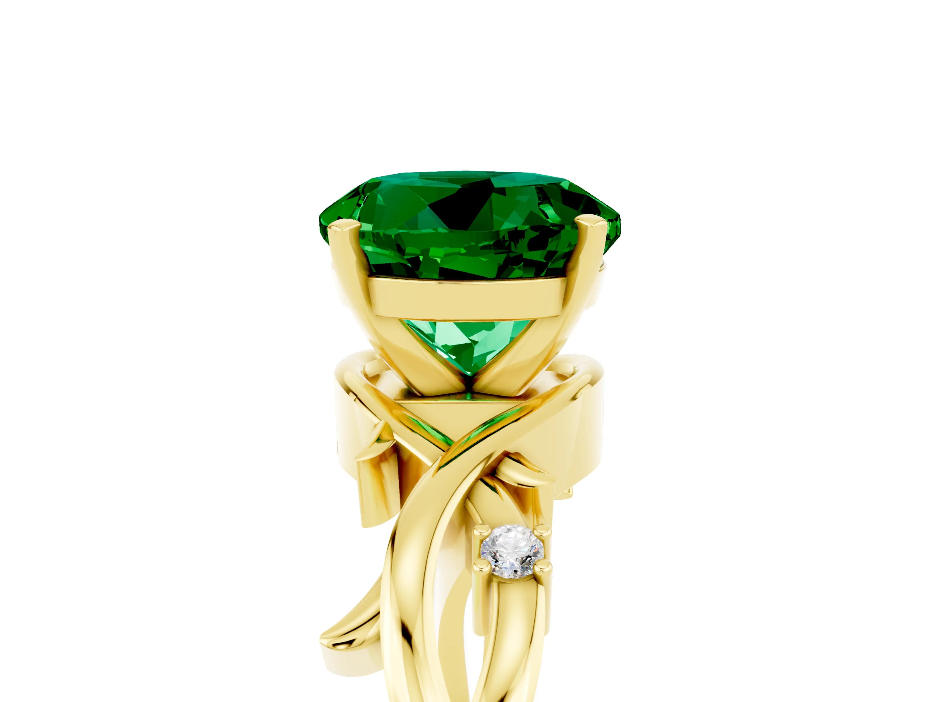 Yellow gold Round Cut Emerald Solitaire Ring with Twisted Band and Prong Setting_5