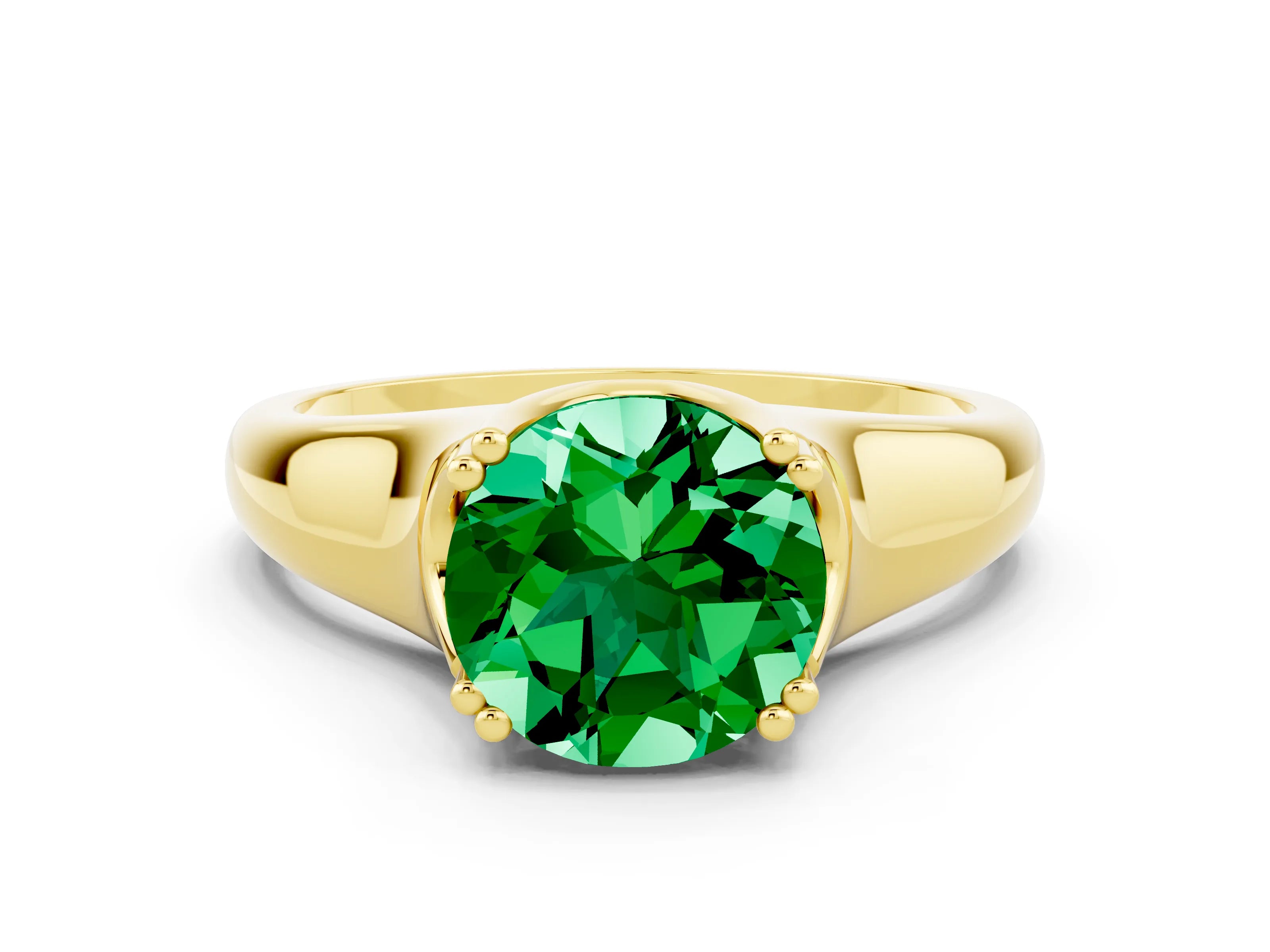 Yellow gold Round Cut Emerald Solitaire Ring with Wide Band and Prong Setting