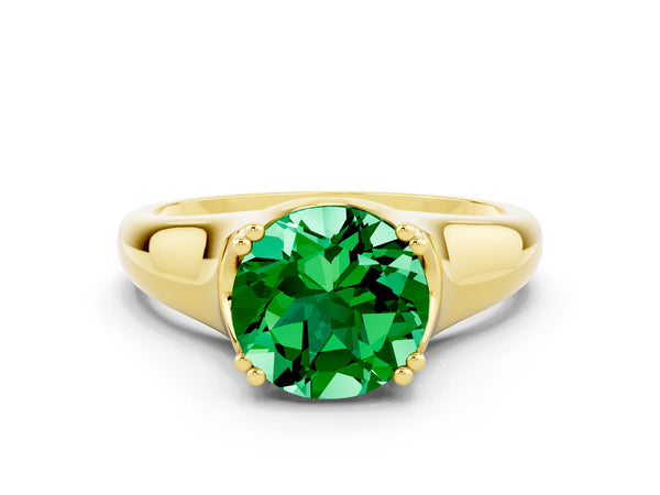 Yellow gold Round Cut Emerald Solitaire Ring with Wide Band and Prong Setting