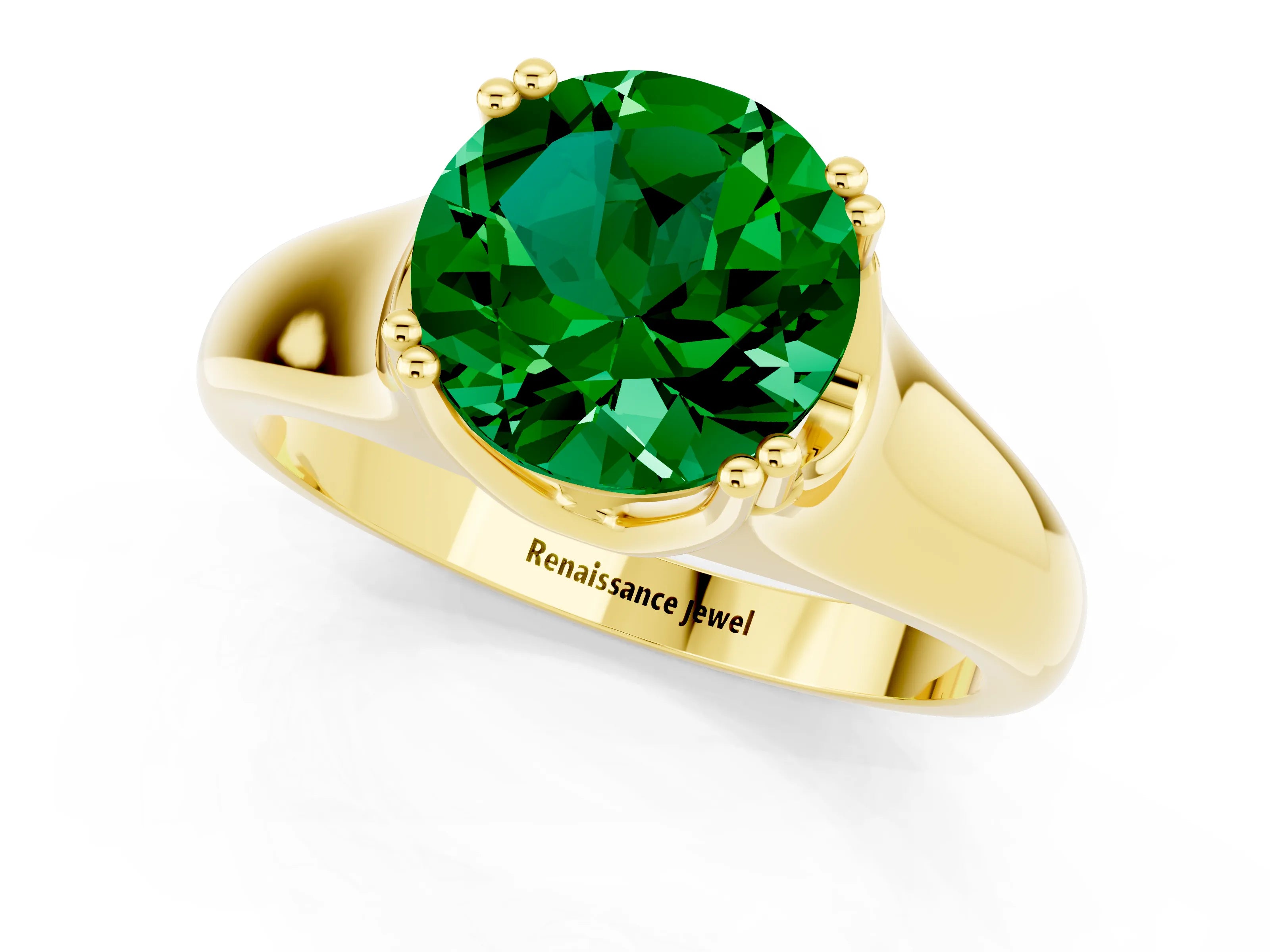 Yellow gold Round Cut Emerald Solitaire Ring with Wide Band and Prong Setting_1