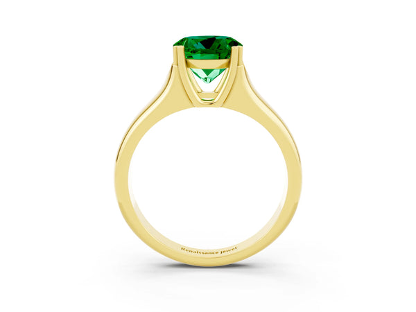 Yellow gold Round Cut Emerald Solitaire Ring with Wide Band and Prong Setting