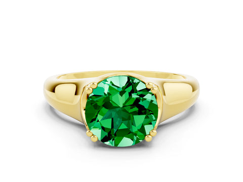 Yellow gold Round Cut Emerald Solitaire Ring with Wide Band and Prong Setting