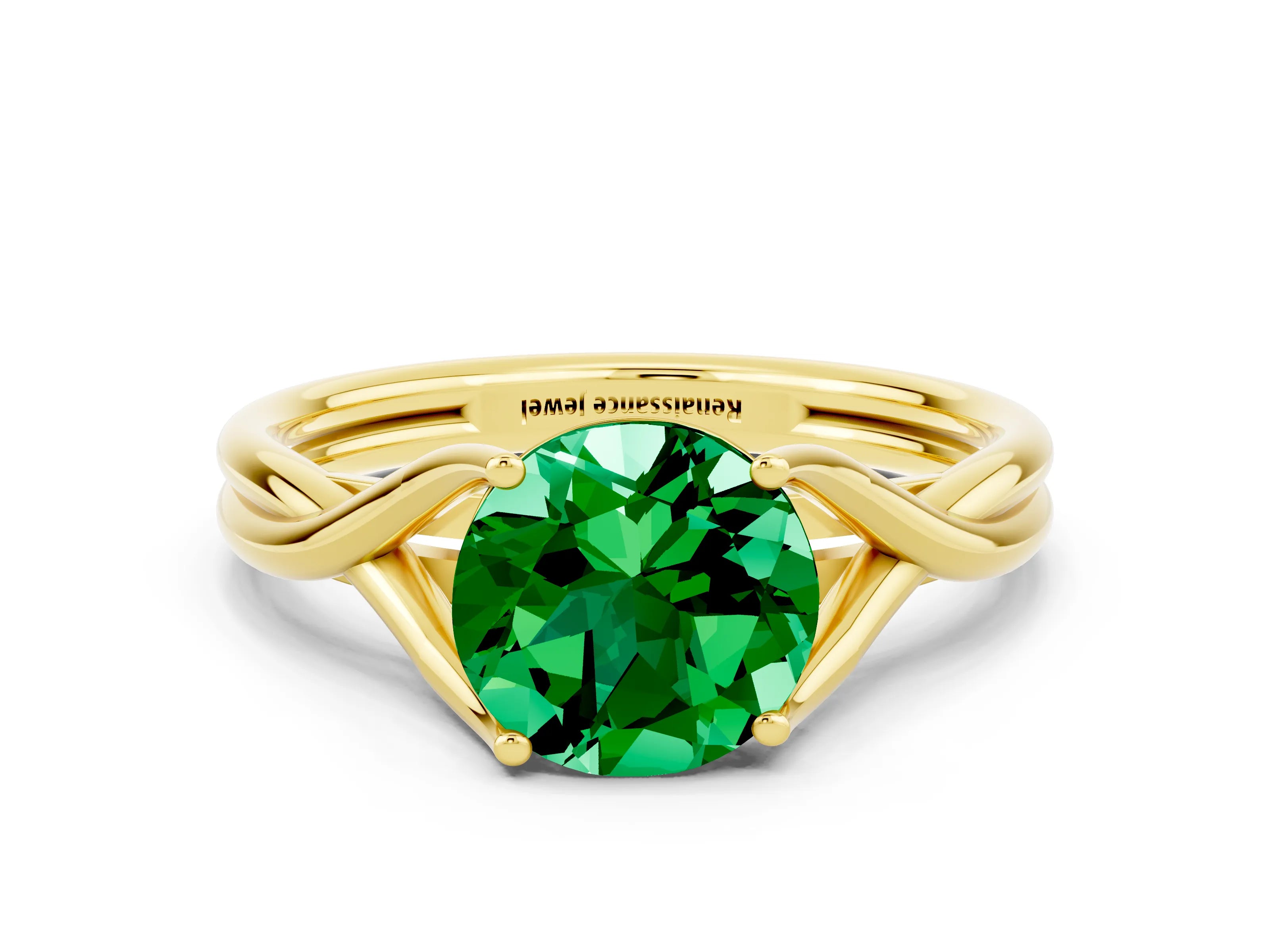 Yellow gold Round Cut Emerald Solitaire Twist Band Prong Setting Ring_36
