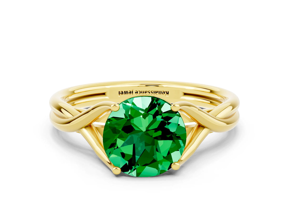 Yellow gold Round Cut Emerald Solitaire Twist Band Prong Setting Ring_36