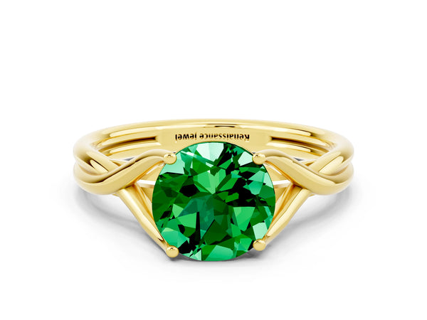Yellow gold Round Cut Emerald Solitaire Twist Band Prong Setting Ring