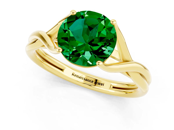 Yellow gold Round Cut Emerald Solitaire Twist Band Prong Setting Ring