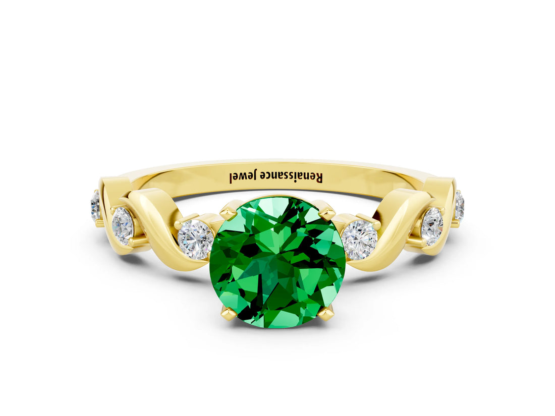 Yellow gold Round Cut Emerald Solitaire Twisted Band with Round  Accents and Prong Setting_12