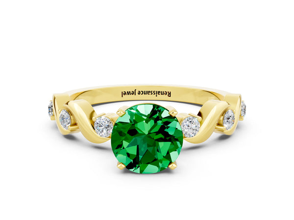 Yellow gold Round Cut Emerald Solitaire Twisted Band with Round  Accents and Prong Setting