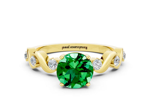 Yellow gold Round Cut Emerald Solitaire Twisted Band with Round  Accents and Prong Setting_12