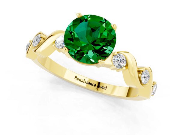Yellow gold Round Cut Emerald Solitaire Twisted Band with Round  Accents and Prong Setting