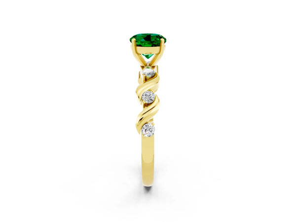 Yellow gold Round Cut Emerald Solitaire Twisted Band with Round  Accents and Prong Setting
