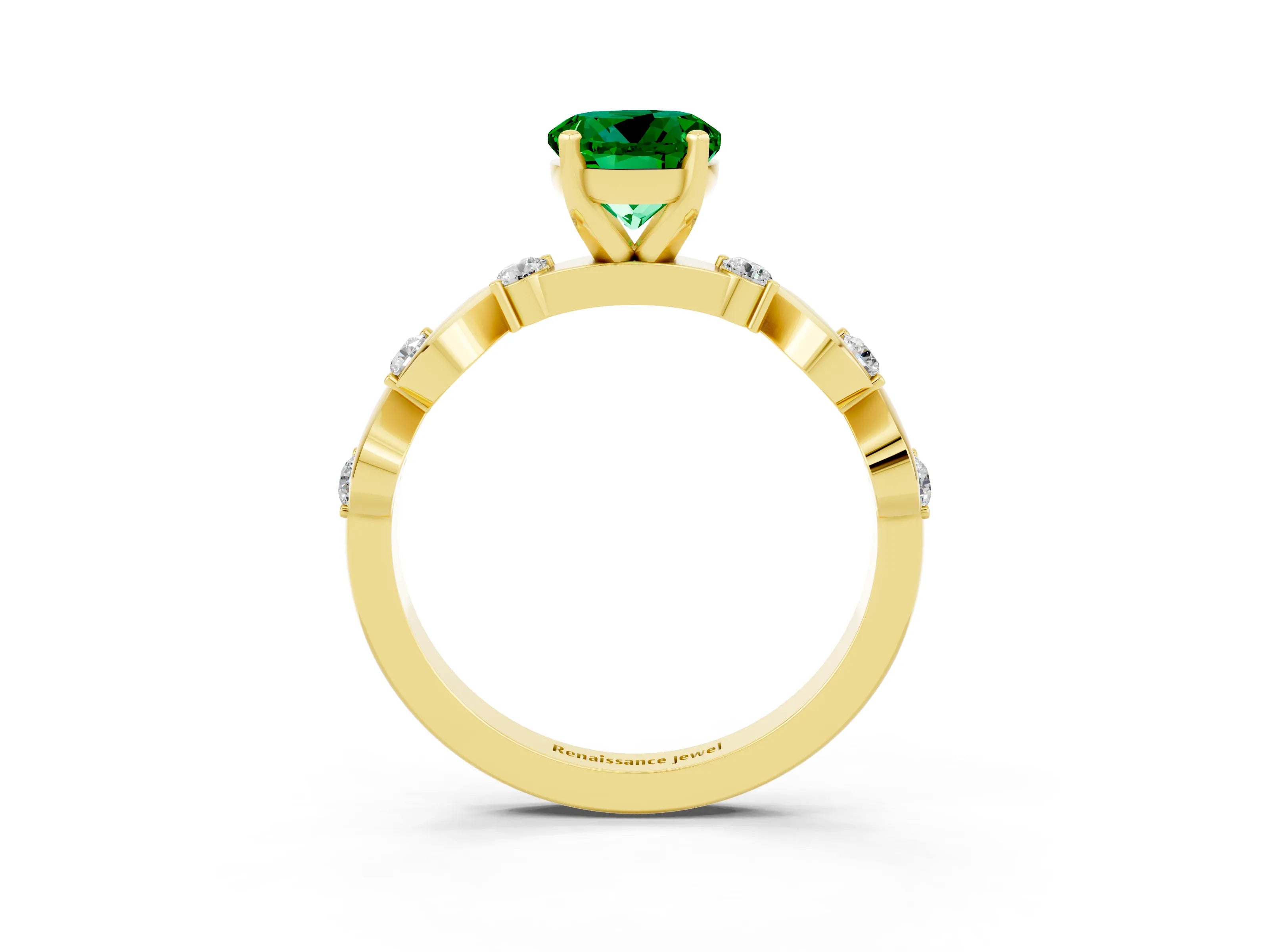 Yellow gold Round Cut Emerald Solitaire Twisted Band with Round  Accents and Prong Setting_15