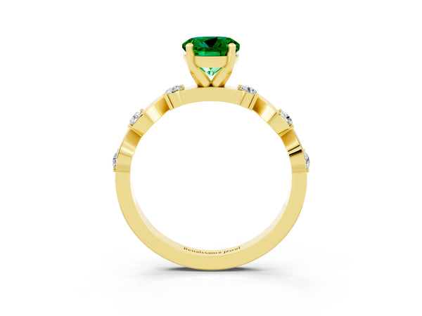 Yellow gold Round Cut Emerald Solitaire Twisted Band with Round  Accents and Prong Setting