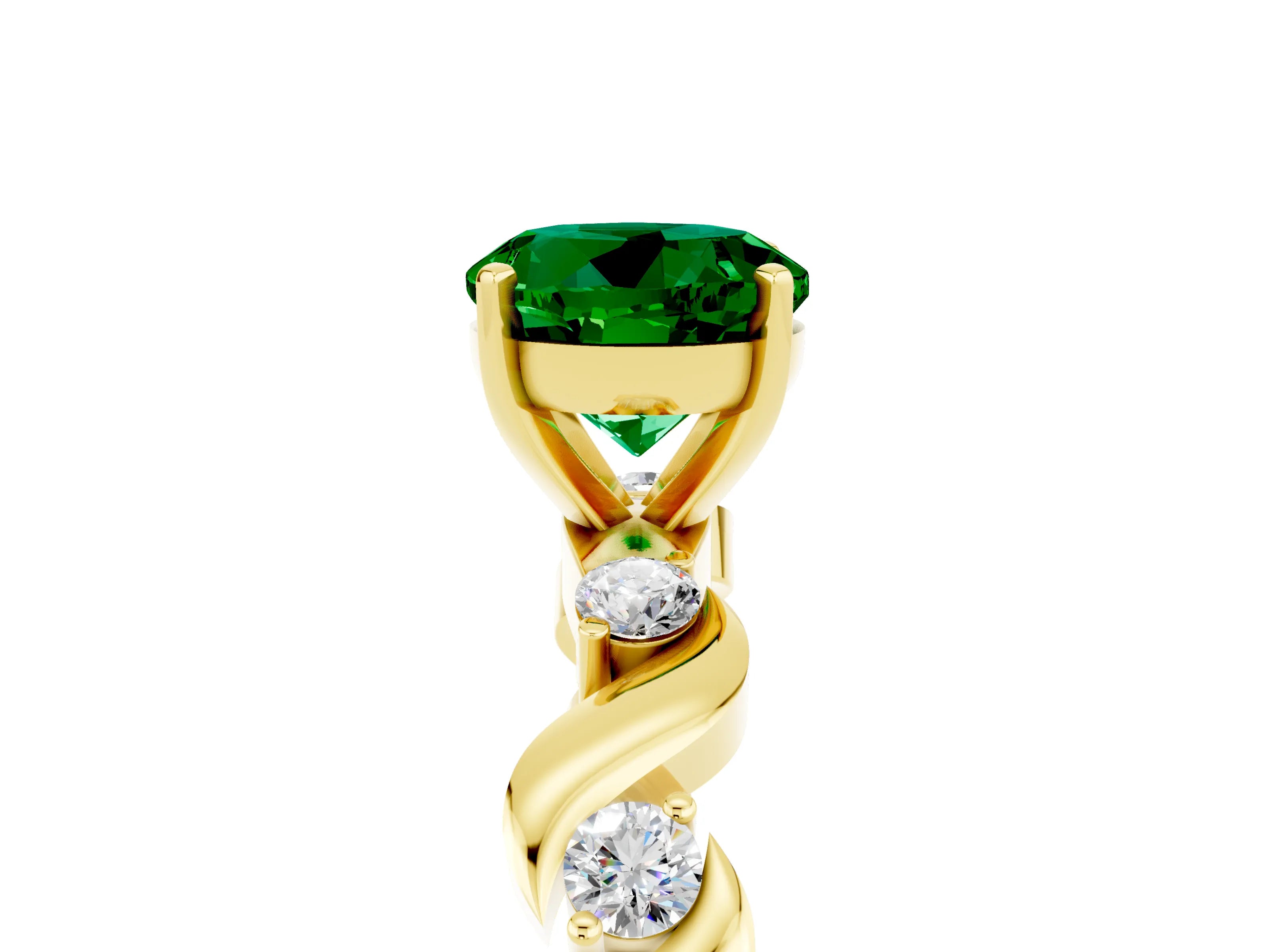 Yellow gold Round Cut Emerald Solitaire Twisted Band with Round  Accents and Prong Setting_17