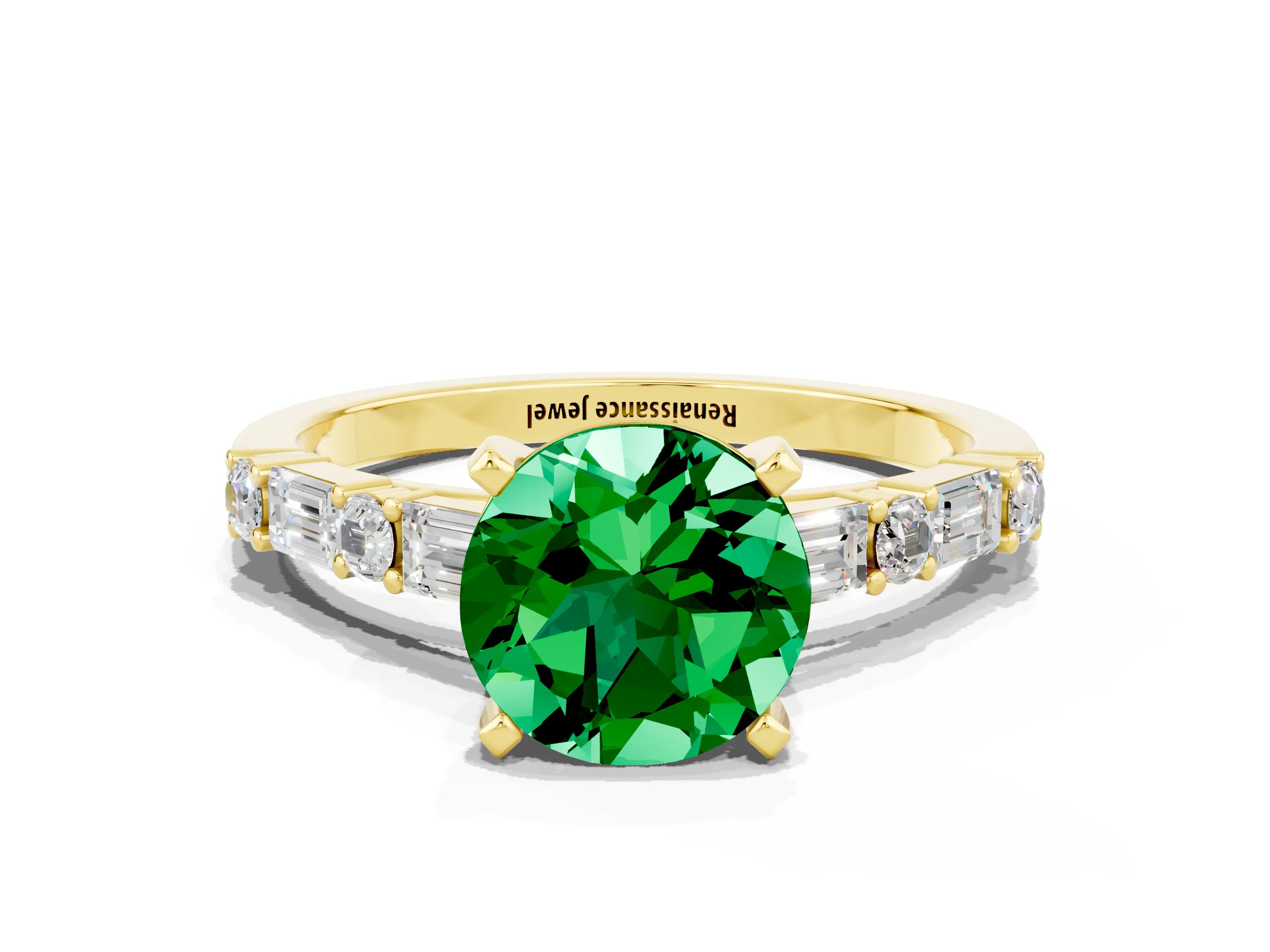 Yellow gold Round Cut Emerald Solitaire with Side Baguettes and Channel Set Band