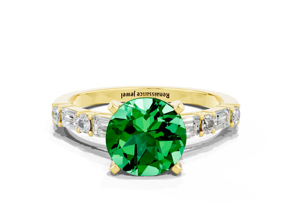 Yellow gold Round Cut Emerald Solitaire with Side Baguettes and Channel Set Band