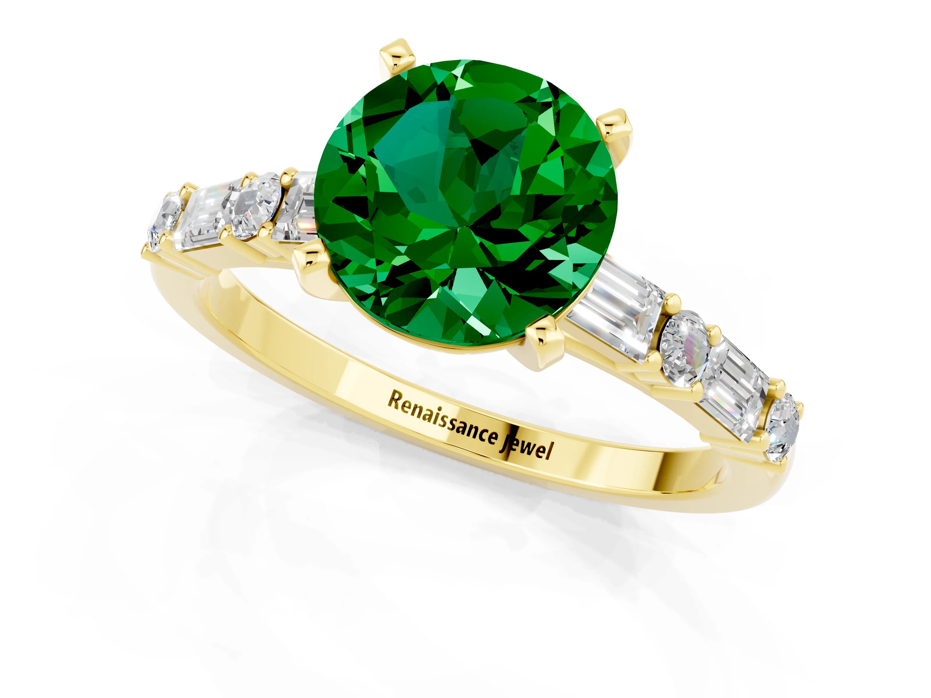 Yellow gold Round Cut Emerald Solitaire with Side Baguettes and Channel Set Band_1