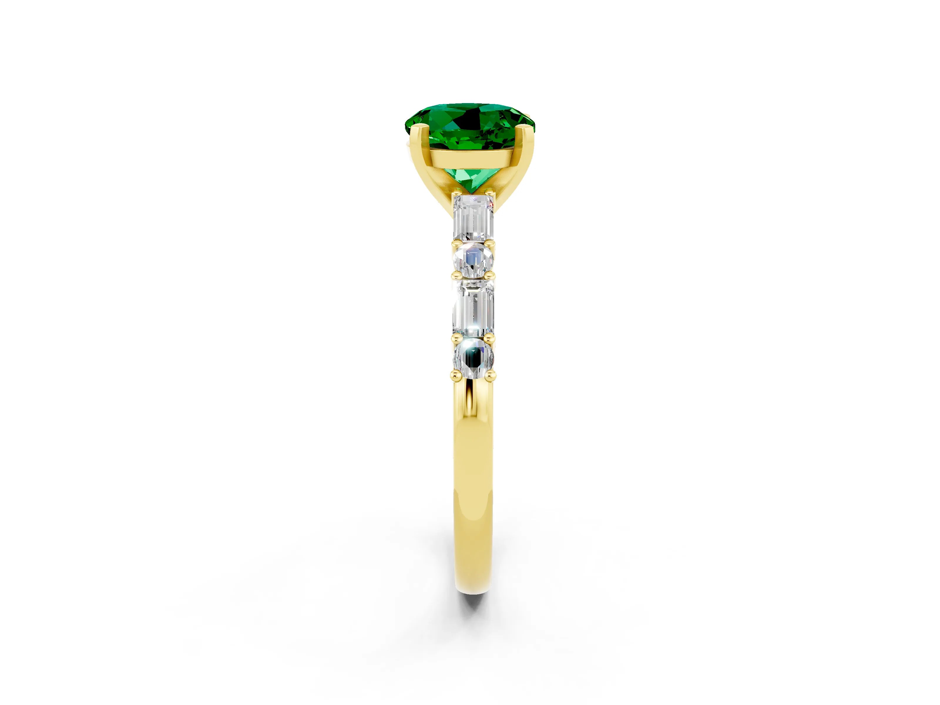 Yellow gold Round Cut Emerald Solitaire with Side Baguettes and Channel Set Band_2