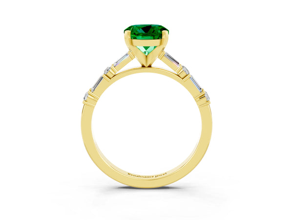 Yellow gold Round Cut Emerald Solitaire with Side Baguettes and Channel Set Band
