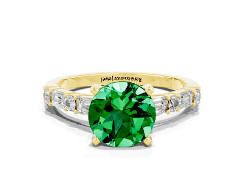 Yellow gold Round Cut Emerald Solitaire with Side Baguettes and Channel Set Band