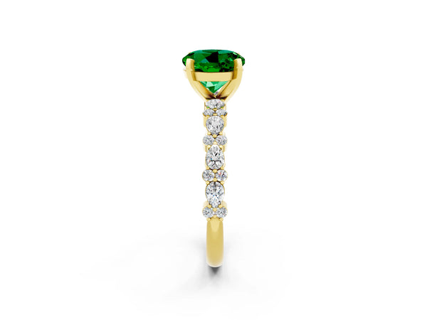 Yellow gold Round Cut Emerald Side Stone Solitaire Ring with Round  and Four-Prong Setting