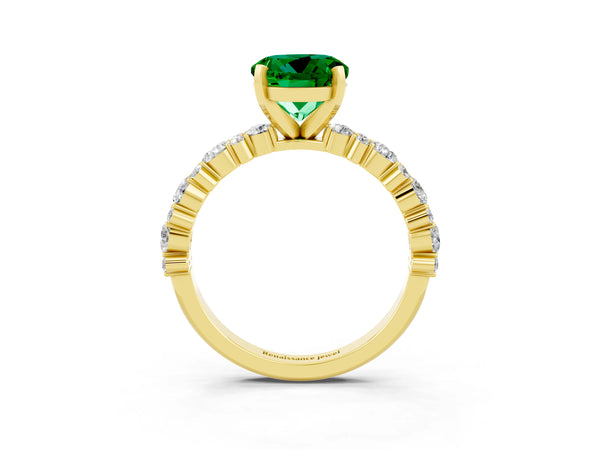 Yellow gold Round Cut Emerald Side Stone Solitaire Ring with Round  and Four-Prong Setting
