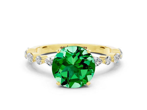 Yellow gold Round Cut Emerald Ring with Marquise and Round  Side Stones and Four-Prong Setting